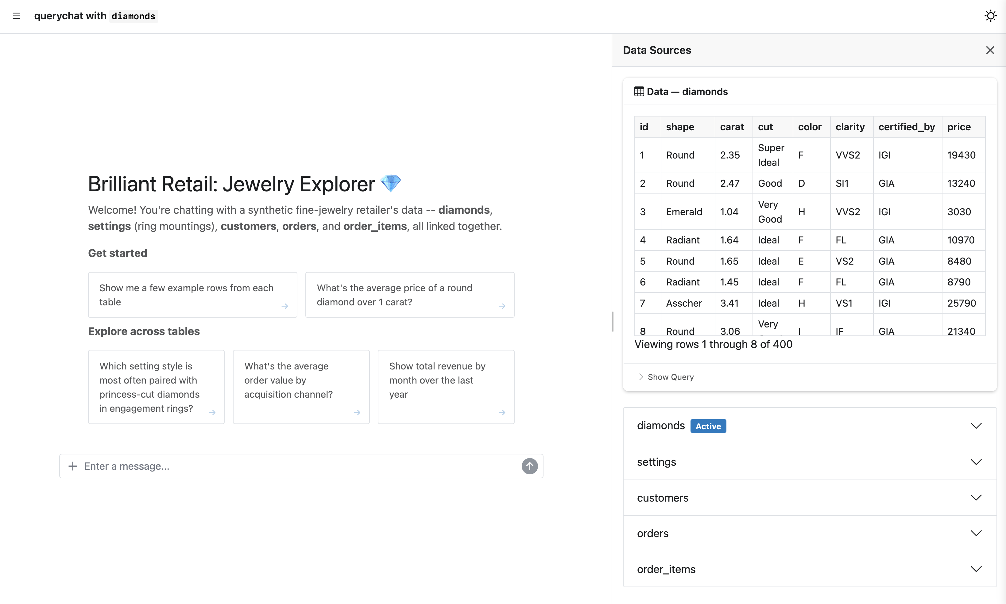 A view of QueryChat.app() with the data source drawer opened.