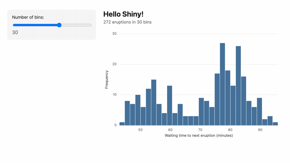 The Old Faithful app: dragging the bin-count slider re-renders the histogram as the server sends new breaks and counts.